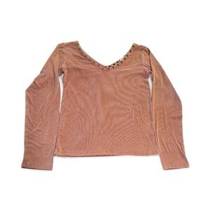 POL Long Sleeve Top Size Small Terracotta Deep V Neckline Studded Stretchy